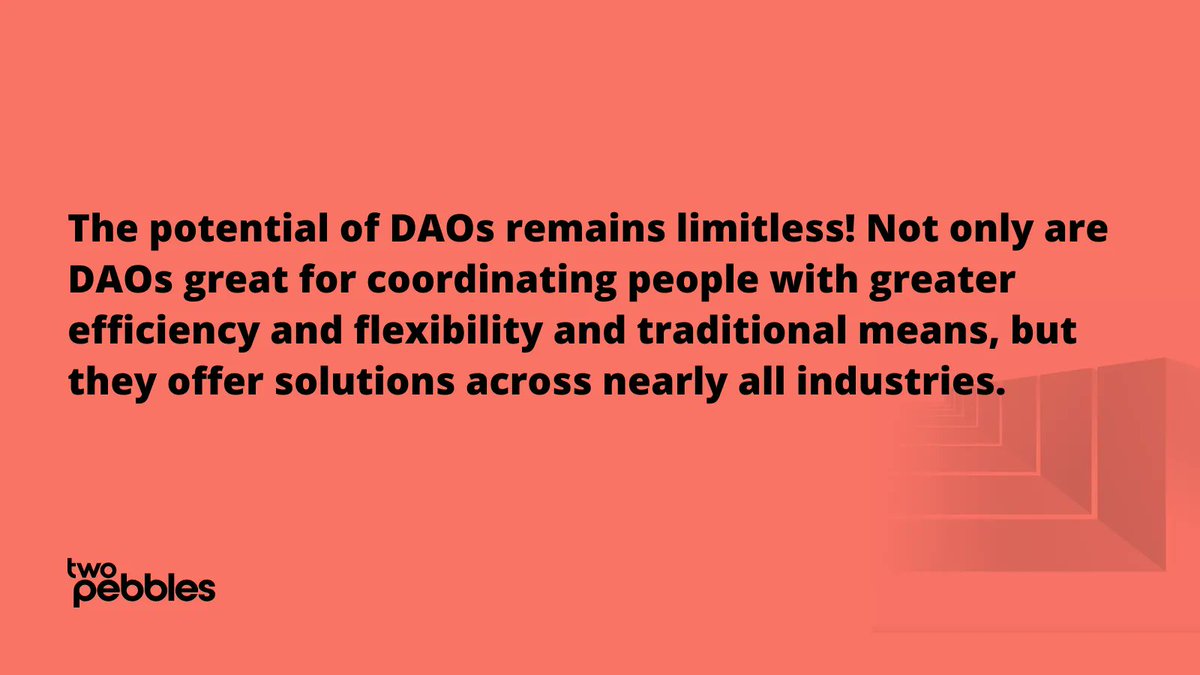 TwoPebbles_io's tweet image. The potential of DAOs remains limitless! Not only are #DAOs great for coordinating people with greater efficiency and flexibility and traditional means, but they offer solutions across nearly all industries.

#blockchain #polkadot $DOT $KSM #validator #kusamanetwork #validation