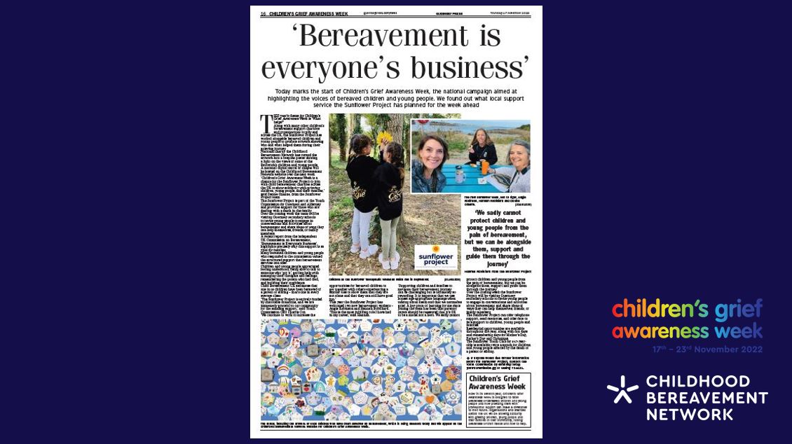 CBNtweets's tweet photo. Fantastic to see the coverage of Children's Grief Awareness Week in the Guernsey Press - huge thanks to the Sunflower Project team for all their hard work supporting local bereaved children and young people.
#CGAW22
#SharingShapes
#Whathelps https://t.co/Y7ZfVIzRQ9