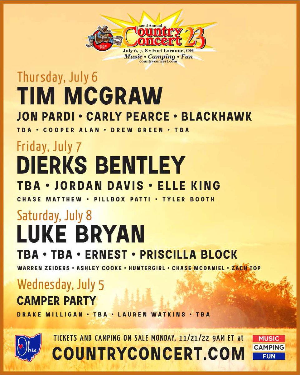18 🌟 Added to the Country Concert '23 Line Up with 2- 8pm, 1- 6pm Mainstage &amp; more Saloon 🌟 TBA ASAP! Due to high demand, tickets will ONLY be available at countryconcert.com at 9am on 11/21. No phone or door orders to avoid long wait times. Thanks for your cooperation!