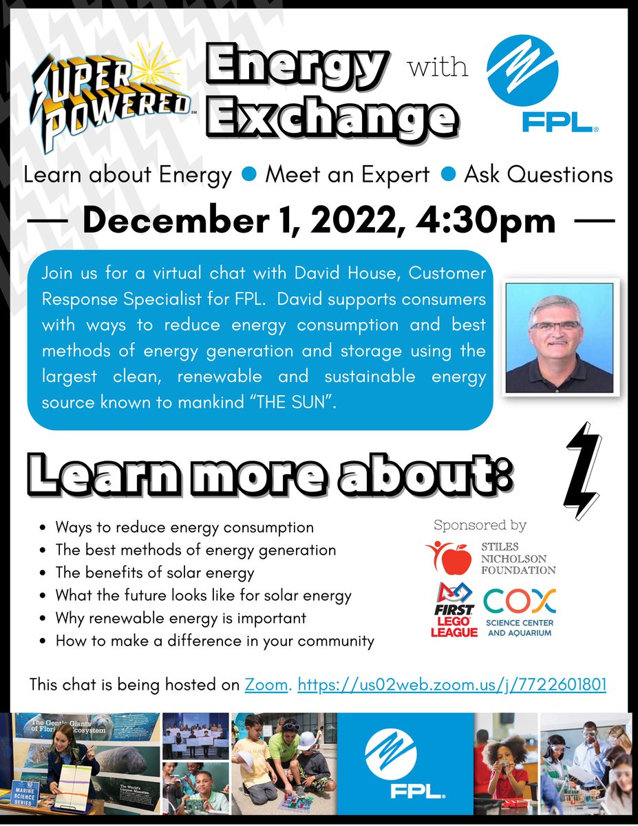 Join us for an ENERGY EXCHANGE chat with FPL on 12/1/22 at 4:30pm. Learn about energy from the SUN! Ask questions, meet an expert, get ENERGIZED! Join Zoom Meeting us02web.zoom.us/j/7722601801