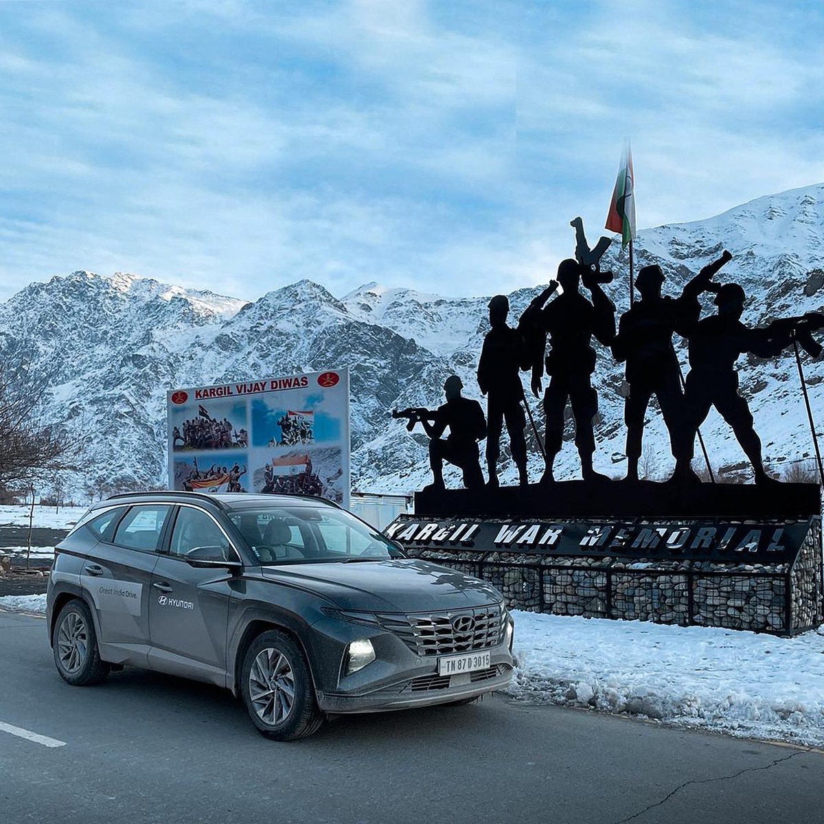 carandbike's tweet photo. Leg 2 of the 2022 Hyundai Great India Drive has taken us back to Ladakh from Kashmir. This time the ZojiLa surprised us with zero traffic and bright sunshine and the all-new Hyundai Tucson ate up the miles to reach the Kargil War Memorial. #greatindiadrive #gid2022 #allnewtucson https://t.co/CJ7DPXi1LR