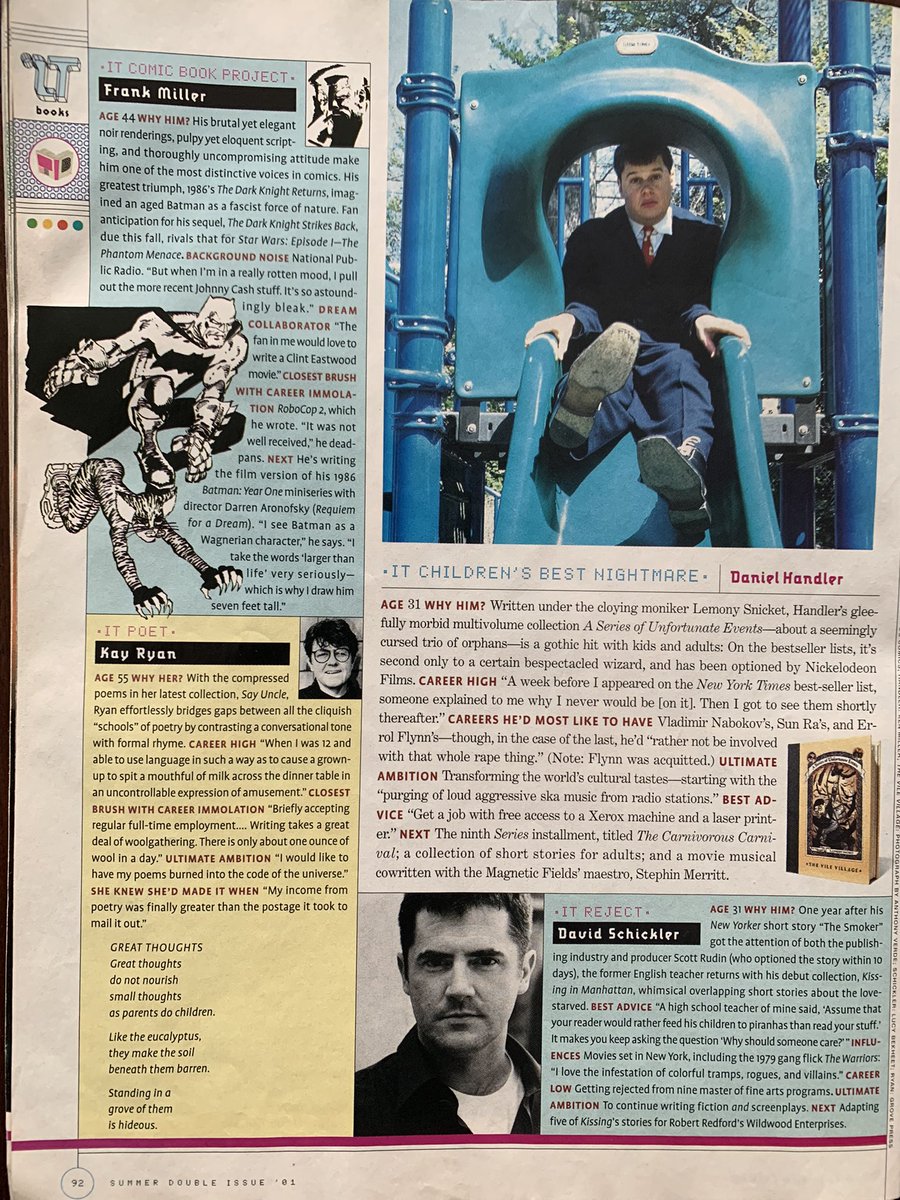 Pg 92

It Comic Book Project: Frank Miller (44) and his upcoming The Dark Knight Strikes Back

It Children’s Best Nightmare: Daniel Handler (31), of A Series of Unfortunate Events

It Reject: David Schickler (31), of Kissing in Manhattan

It Poet: Kay Ryan (55), of Say Uncle