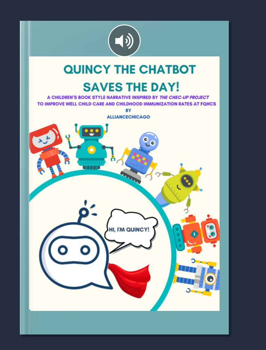 alliancecchs's tweet photo. Our team created a digital children's storybook which highlights the results of the CHEC-UP project in a fun and interactive way winning grand prize in @NACHC's Clinical Innovation Showcase contest. Thank you to our partners @QliqSOFT and @tap360health! https://t.co/RaWdfGZ6Se