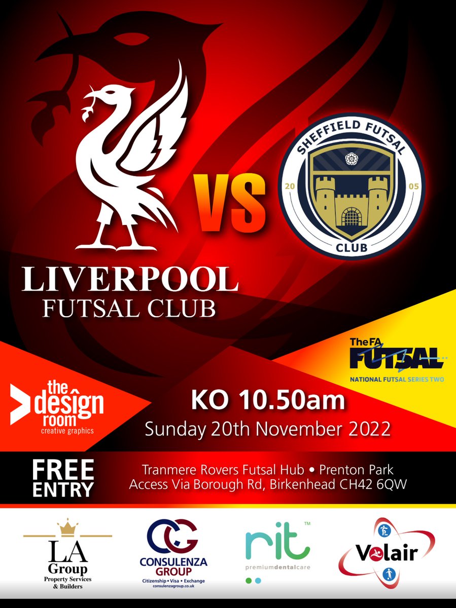 <a href="/LiverpoolFutsal/">Liverpool Futsal Club</a>  welcome @SheffFutsalClub
to <a href="/TranmereRovers/">Tranmere Rovers FC</a> in the <a href="/FA_NFS/">FA National Futsal Series</a>
this Sunday. Should be a great game! Admission free, all welcome! #WeAreLiverpool #Futsal  

🆚 @SheffFutsalClub
 🏆<a href="/FA_NFS/">FA National Futsal Series</a>
 📍<a href="/TranmereRovers/">Tranmere Rovers FC</a>
🗓  Sunday 20th November
⌚️10:50am