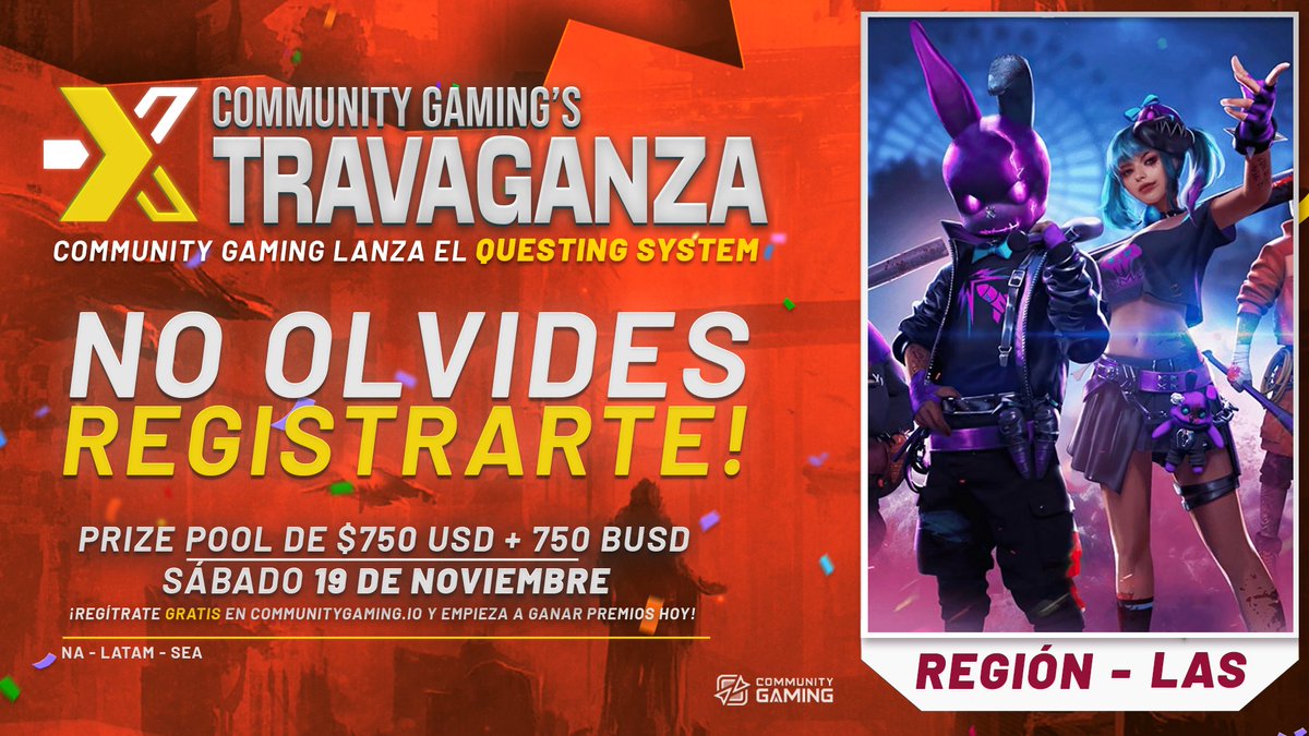 😊Ya falta poco para que inicie nuestro torneo GRATUITO de #FreeFire Xtravaganza🏆

💥¿Te lo vas a perder?
🤗Demostrá en el campo de batalla que tu squad es el mejor.

📅19 y 20 de noviembre
🤑$750 USD + 750 BUSD
🗺️Región LAS

▶️Inscribite en este link communitygaming.io/es/tournament/… ◀️