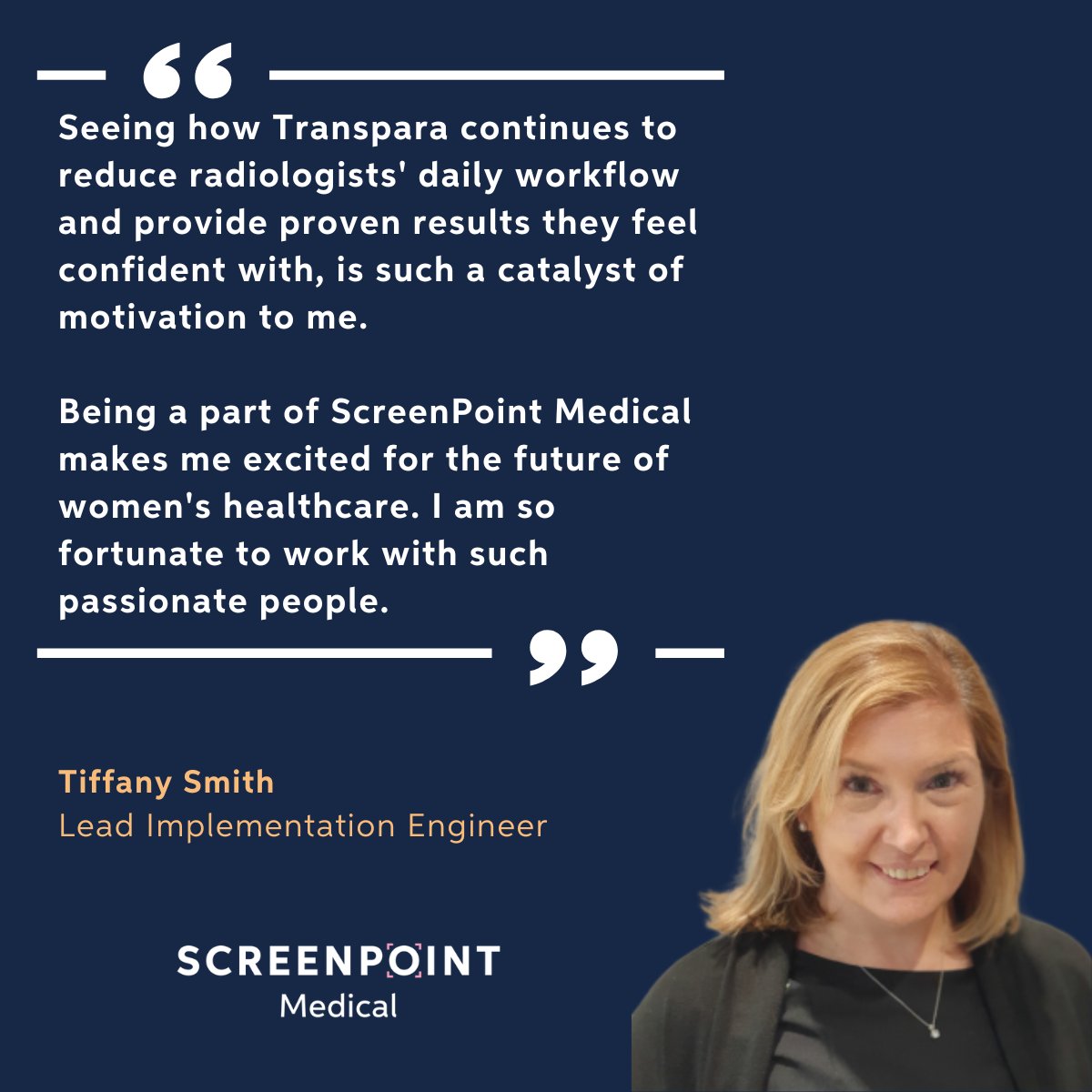 screenpointmed's tweet photo. Stop by and meet Tiffany at RSNA, Booth 4141 South Hall!

Learn why seamless integration makes all the difference when adopting AI.

https://t.co/1pRO71ElMj

#RSNA2022 #ScreenPointMedical #ScreenPointExperience #AI #Transpara #TransparaAI #BreastAI #Radiology #BreastCancer #PACS https://t.co/VrNhu41IAM
