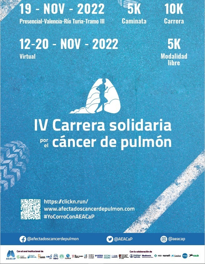 AjuntamentVLC's tweet photo. 👟Demà se celebra pel Dia Internacional del #CáncerdePulmón la IV Carrera Solidària 🏃 de @AEACaP amb una caminata de 5K o una carrera de 10K. Destacara un col·lectiu especial: el de supervivents de la malaltia.  

📍Pistes atletisme -Tramo III #Túria🏁
⏰9:30h

#YoCorroConAEACaP https://t.co/y02QbU7S4d