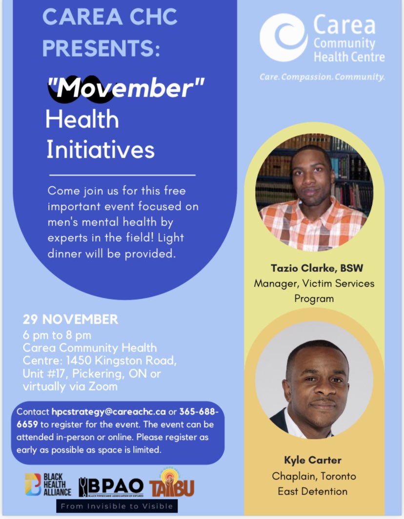 Honoured and delighted to be invited to speak at @careachc Movember Mens Health series along some incredible health and community leaders. Can’t wait to listen, learn and share. See you there! #Movember #MensHealth #MedTwitter @BlackHealthCAN @thebpao @blackdocscanada @TAIBU_CHC