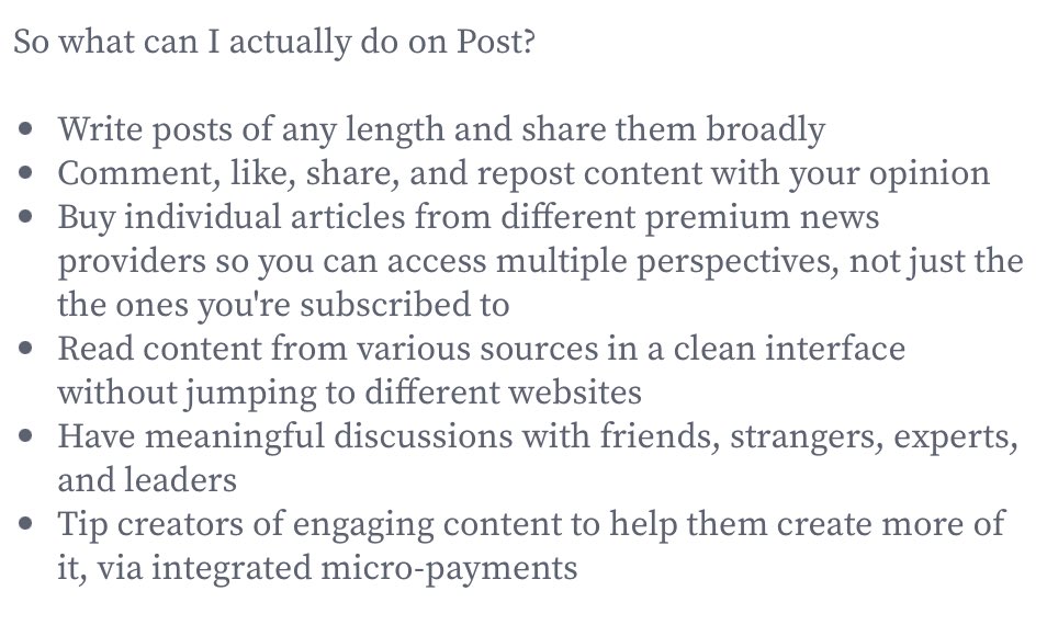 This may have potential as a Twitter replacement. I’m not sure about the “write posts of any length” part, since I liked the character limit here. But micropayments for content? Yes. Worth checking out. Appreciate <a href="/MollyJongFast/">Molly Jong-Fast</a> giving me the heads-up. post.news/?r=qXPm4