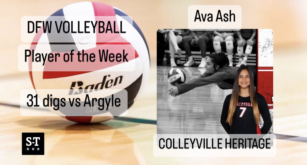 Congrats to Colleyville Heritage libero <a href="/avaash9/">ava ash</a> on DFW volleyball player of the week! Ava had 31 digs vs Argyle in the regional quarterfinals then helped <a href="/VB_CHHS/">Colleyville Heritage Volleyball</a> clinch their 1st state tournament berth. Ava and the Panthers play in the state semifinals today at 1 pm in Garland!