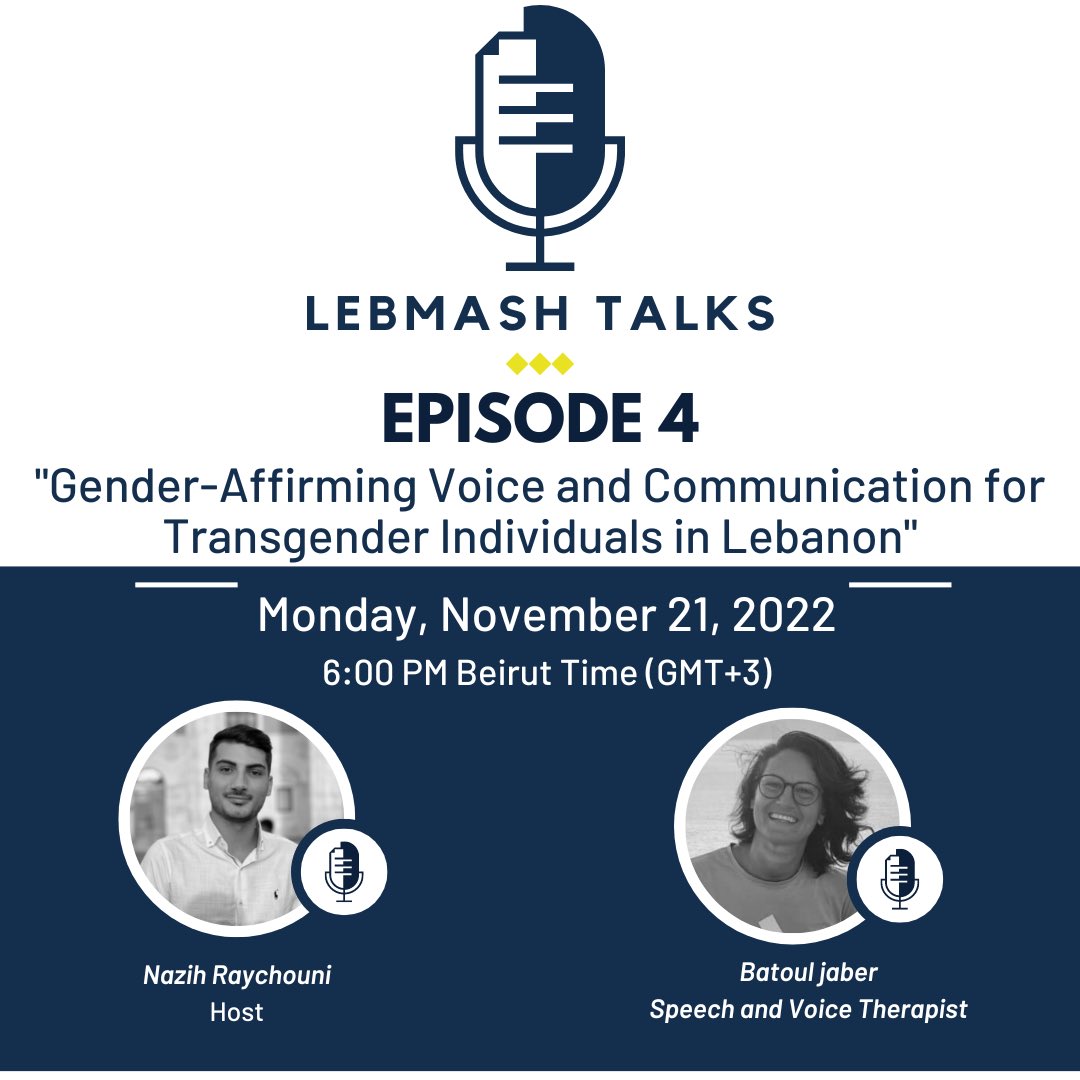 LebMASH_'s tweet photo. 🗓️ Monday, November 21st, 2022
⏰ 6:00 pm Beirut time

Stay tuned!
 
Episode sponsored by @madrespeaks
Guest: Batoul
Hosted by @nazihray98
 
#LebMASHTalks #LebMASH #LGBTQ #SpeechTherapy #TransIndividuals #GenderAffirmingVoice #Lebanon https://t.co/VjDmdVyYL2