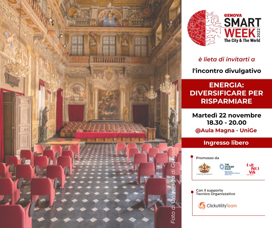 UniGenova's tweet photo. Nell'ambito della @GenovaSmartWeek 2022, l'#UniversitàdiGenova ospita un incontro che mira a fornire indicazioni pratiche e immediatamente attuabili di risparmio e diversificazione.
👉 https://t.co/maW2EIg6TO
#UniGe #UniGenova #GSW2022 #GenovaSmartWeek https://t.co/GxAF1uWyAW