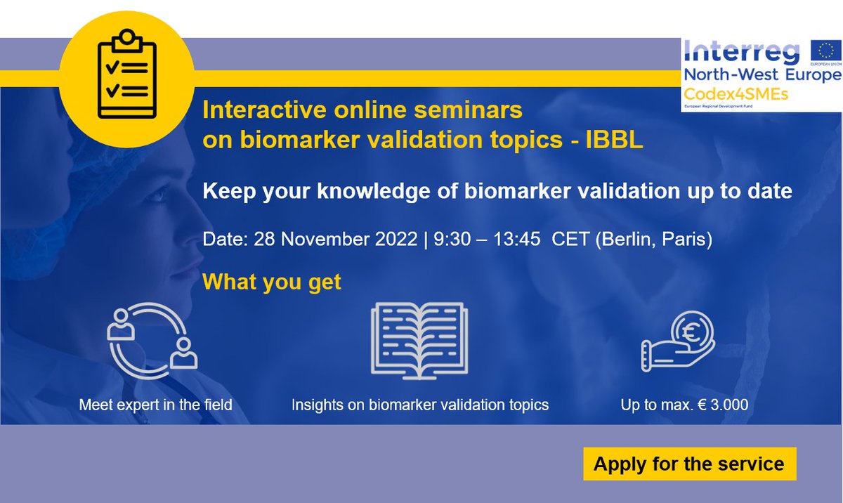 EatrisEric's tweet image. An online seminar about #BiomarkerValidation is taking place on 29 Nov hosted by IBBL. In addition to the seminar, there is the opportunity to arrange individual 30-minute 1:1 meetings with experts. 

👉Find out more here: eatris.eu/events/interac… #Codex4SMEs