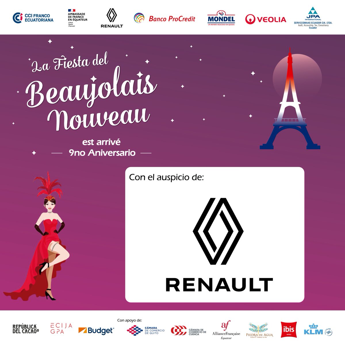CamFrancoEcuato's tweet photo. La Fiesta del Beaujolais Nouveau 2022🍷🍇 llega gracias al gentil auspicio de @Renault_Ec.
Reserva tu entrada en el siguiente link:
🎫 https://t.co/SBmK7LidnP
¡Los esperamos!
#BeaujolaisNouveau2022 #vino #9noAniversario #CCIFEC #Quito #Cuenca #Ecuador #france https://t.co/fXTkNNYzw4
