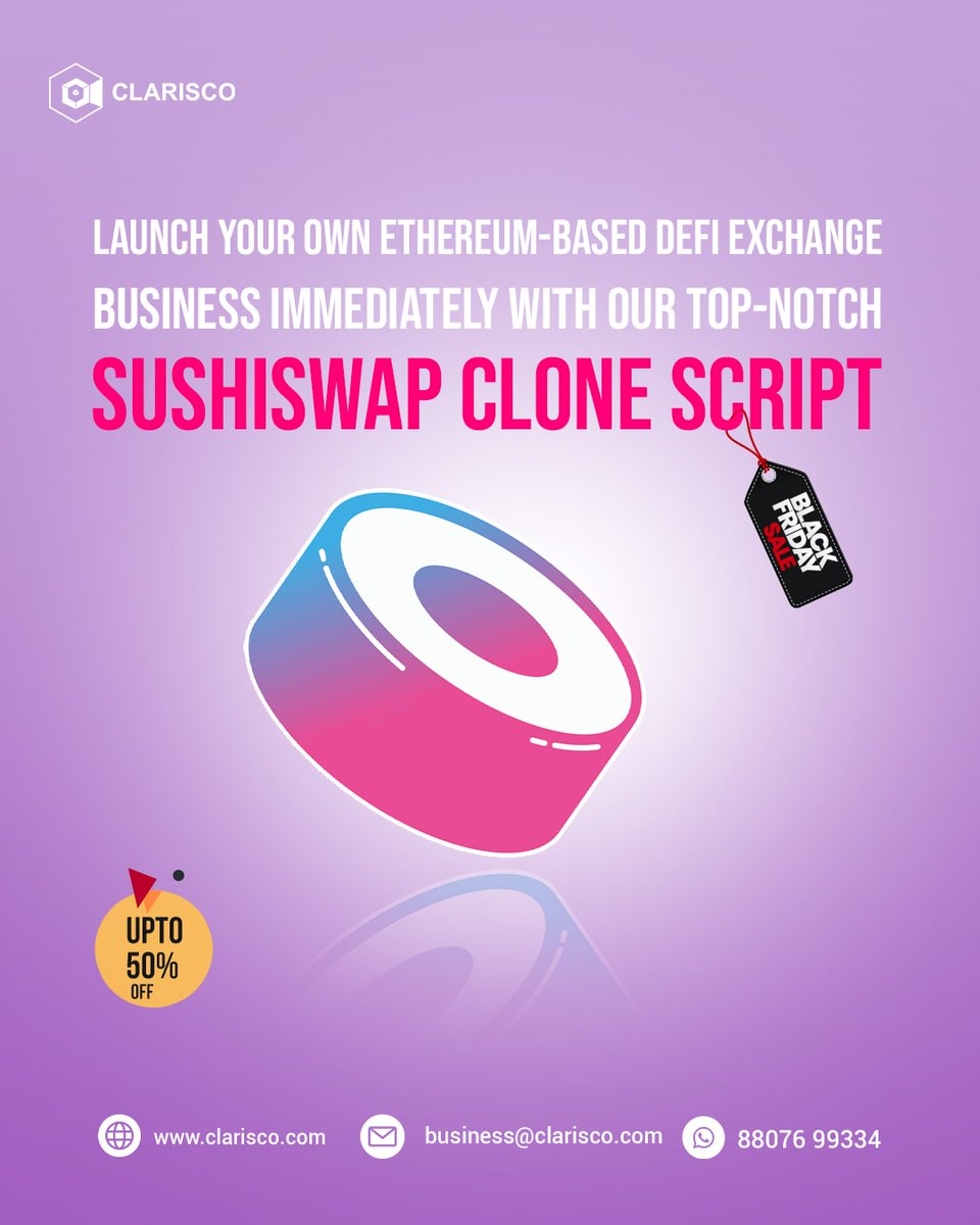 ClariscoSol's tweet image. "Why Would an Entrepreneur Want to Launch a DeFi Platform Like Sushiswap? There are two primary reasons for this: their functionalities and features.
bit.ly/3EJX59s
#clariscosolutions #sushiswapclonescript #defidevelopment #decentralizedfinance #blockchain #DEX