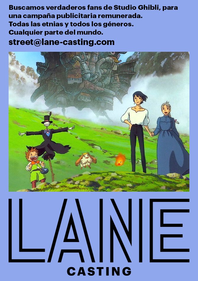 LANECasting's tweet photo. @rafl_rmzr En LANE Casting estamos trabajando en un proyecto remunerado en el que buscamos a personas que sean fanáticas del Studio Ghibli de más de 16 años, de cualquier etnia o género.
Enviar a street@lane-casting.com con asunto "CASTING GHIBLI":
- Nombre:
- Edad:
- Ciudad de residencia: https://t.co/fkBhT40myT
