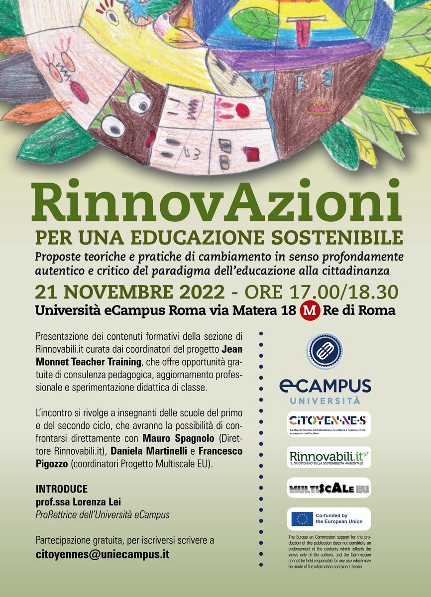 spaesamento's tweet photo. Roma, via Matera 18 @uniecampus ore 17 - per docenti delle scuole di ogni ordine e grado, con @rinnovabiliit ! #EducazioneSostenibile #Educazione #EducazioneCivica #Scuola #MultiscaleEU Jean Monnet Teacher Training https://t.co/wpjhYf812U