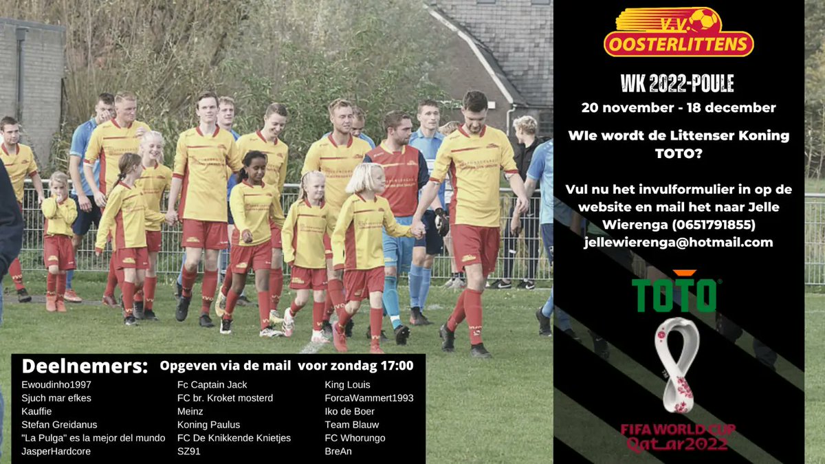 Al 18 deelnemers in de VVO WK-poule!! Niet alleen voetball(st)ers maar ook niet leden mogen gerust meedoen! Opgeven kan tot zondag voor de eerste wedstrijd, dus wees optijd! Welke bijnamen zijn het vergeten in te vullen?
vvoosterlittens.nl/1/57/wk-2022-p…