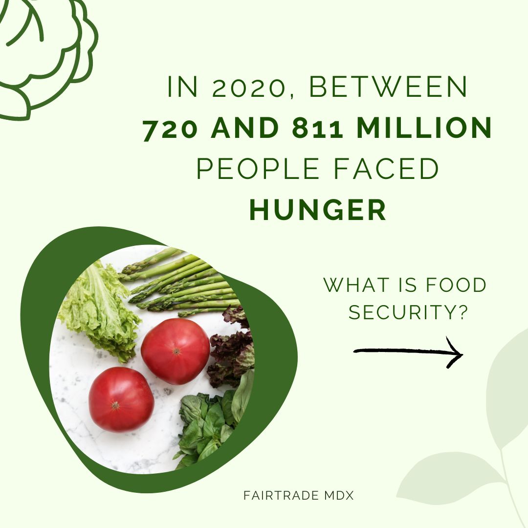 MDXFairtrade's tweet photo. In 2020, between 720 and 811 million people faced hunger, according to the Food and Agriculture Organization of the United Nations. 
But what is Food Security? Food security measures people's access to nutritional and safe food, which is highly connected to climate change. https://t.co/hI7d8epagV