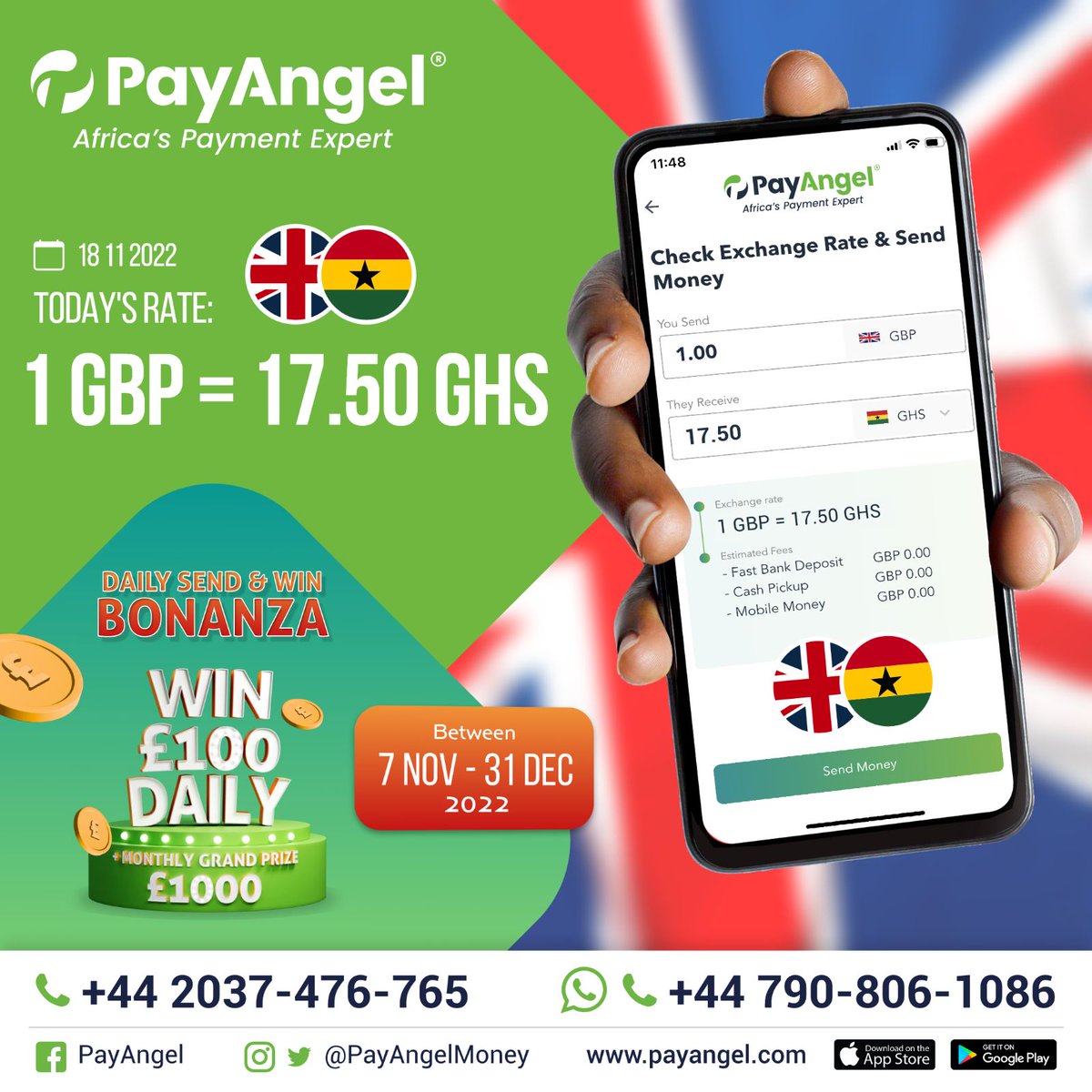 PayAngelMoney's tweet photo. Smart Rate Alert: £1=GHS 17.50

Plus daily cash prize of £100 and more.
Download app from IOS App and Google Play Stores.

#SendAndWin #Freemoneytransfer #PayAngel https://t.co/6WmxoYbdpE