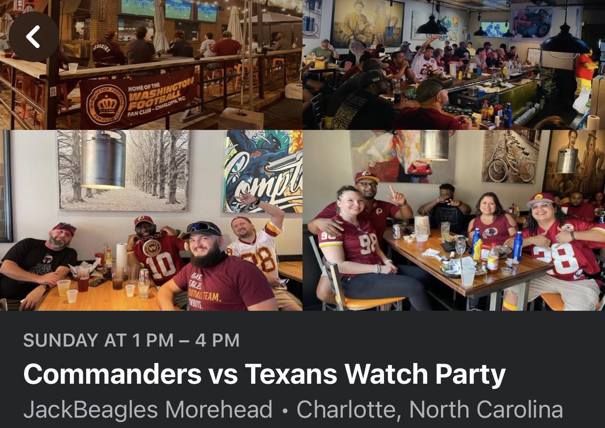 CommandersCLT's tweet photo. Join us this Sunday at 1pm at JackBeagle’s on Morehead St as we cheer on the Commanders to dominate the Texans. #HTTC #CommandersRally #CommandLink 

And make sure you follow us on your parent’s social network: Facebook https://t.co/G8TZB1adVP