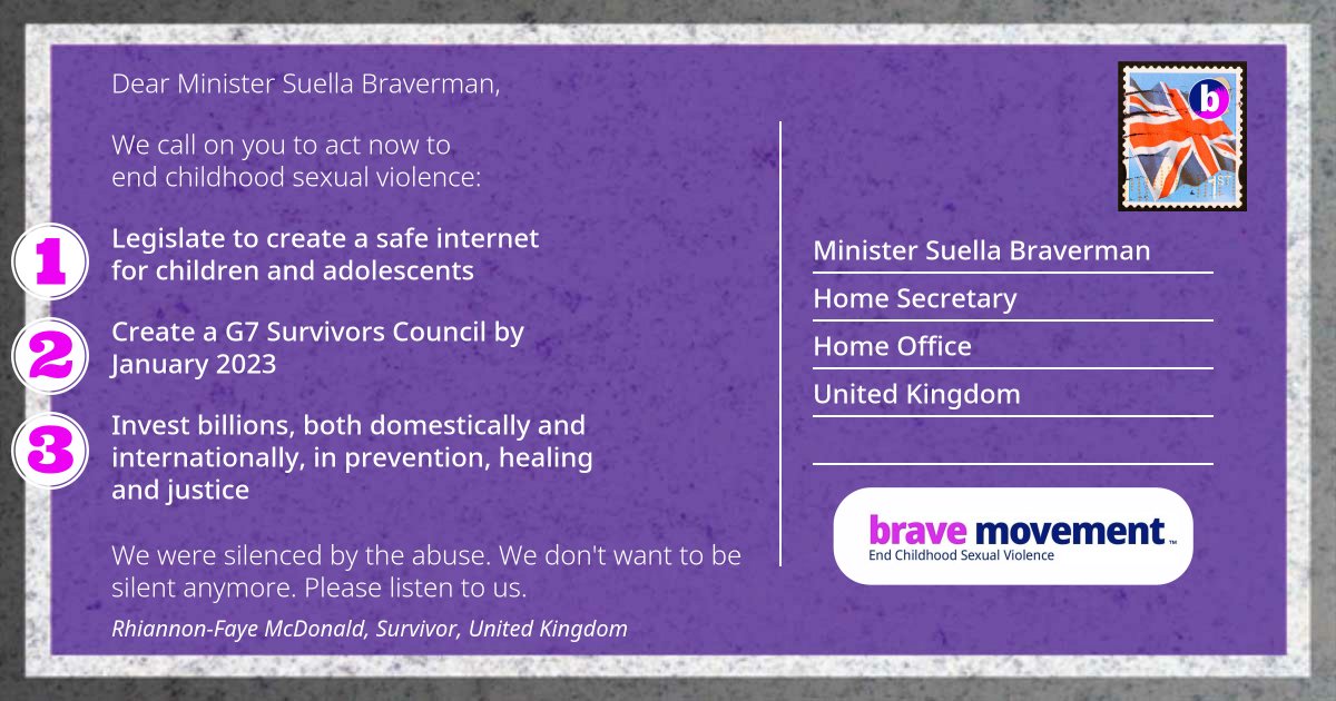 .@SuellaBraverman - please show the UK's leadership at the G7 and join us to #EndChildhoodSexualViolence. 
#PreventionHealingJustice @BeBraveGlobal