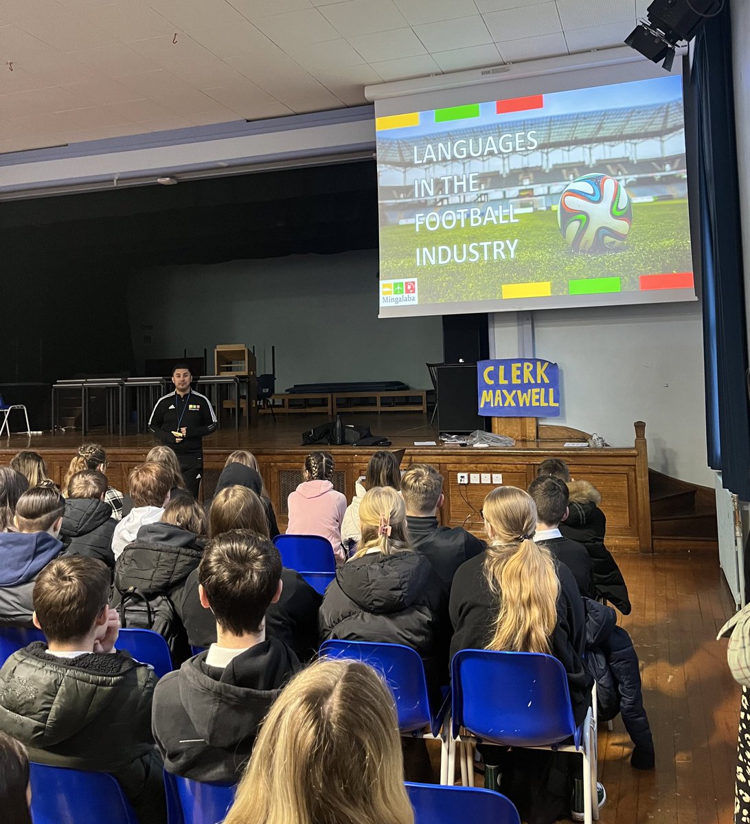 A really interesting and inspiring assembly from <a href="/MingalabaUK/">Mingalaba</a> yesterday for our S3s/S4s on the importance of languages in the football industry and beyond ⚽️✨#DYW