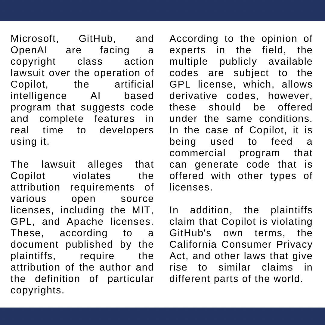 BgalAsociados's tweet photo. Microsoft, GitHub, and OpenAI have been sued for breaking several policies, copyright terms, and laws that could amount to damages of over $9 billion. Bgal Asociados share the details about this case:https://t.co/01FR5Qfwnu

#IP #Copyright #IPAttorneys https://t.co/9TuV4iNeKu