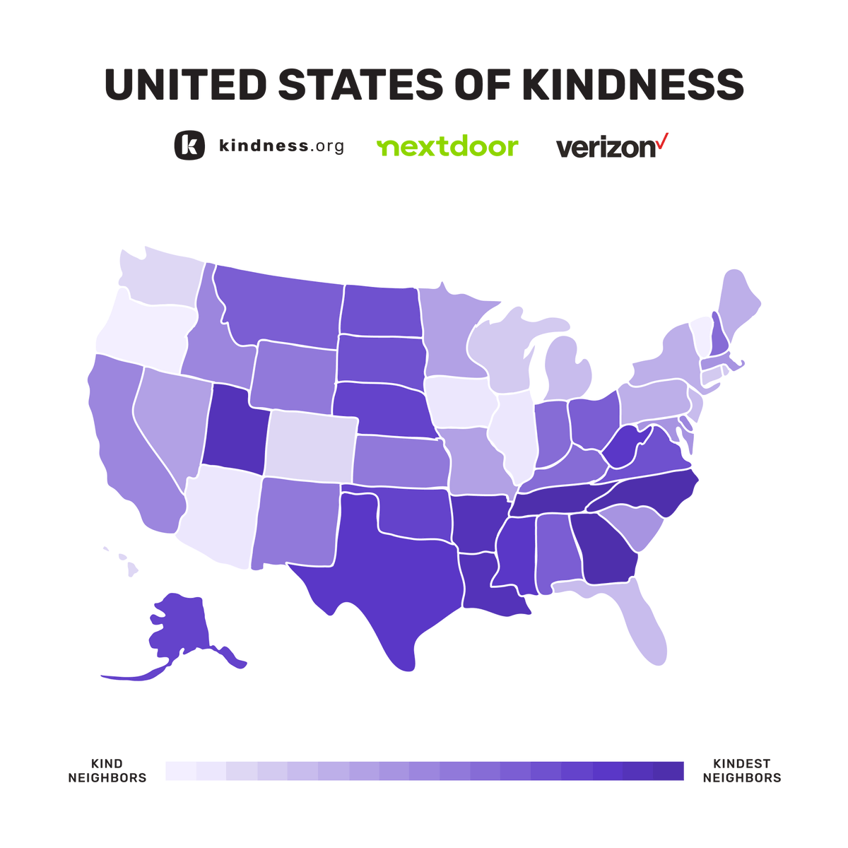 In partnership with our friends at <a href="/Nextdoor/">Nextdoor</a>  and <a href="/Verizon/">Verizon</a>, we are so excited to announce the results of our second United States of Kindness study.

This year we set out to find which states had the kindest neighbors, and the impact #kindness makes where you live.