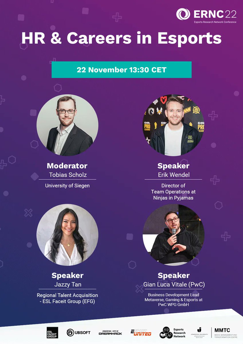 Esports Research Network Conference 2022 (@ern_conference) on Twitter photo Esports can help develop skills that are valuable in careers. ERN founder & chair Tobias Scholz <a href="/t0bs3n/">Tobias M. Scholz</a> will explore this with Gian Luca Vitale <a href="/lucAinsights/">Gian Luca Vitale</a> (PwC), Erik Wendel <a href="/ErikWendel/">Erik Wendel</a> ( <a href="/NIP/">Ninjas In Pyjamas</a> ) & Jazzy Tan <a href="/heyjazzytan/">Jazzy Tan</a> (EFG) live on Twitch buff.ly/3TTn43c at ERNC22 Esports can help develop skills that are valuable in careers. ERN founder & chair Tobias Scholz <a href="/t0bs3n/">Tobias M. Scholz</a> will explore this with Gian Luca Vitale <a href="/lucAinsights/">Gian Luca Vitale</a> (PwC), Erik Wendel <a href="/ErikWendel/">Erik Wendel</a> ( <a href="/NIP/">Ninjas In Pyjamas</a> ) & Jazzy Tan <a href="/heyjazzytan/">Jazzy Tan</a> (EFG) live on Twitch buff.ly/3TTn43c at ERNC22