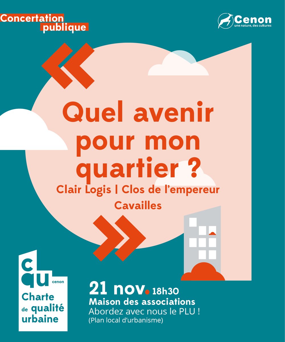 Réunion de concertation concernant la 11ème modification du PLU de <a href="/BxMetro/">Bordeaux Métropole</a> :Quartier Clair Logis, Clos de l'empereur, Cavailles
Lundi 21 novembre, 18h30, Maison des associations #cenon #plu