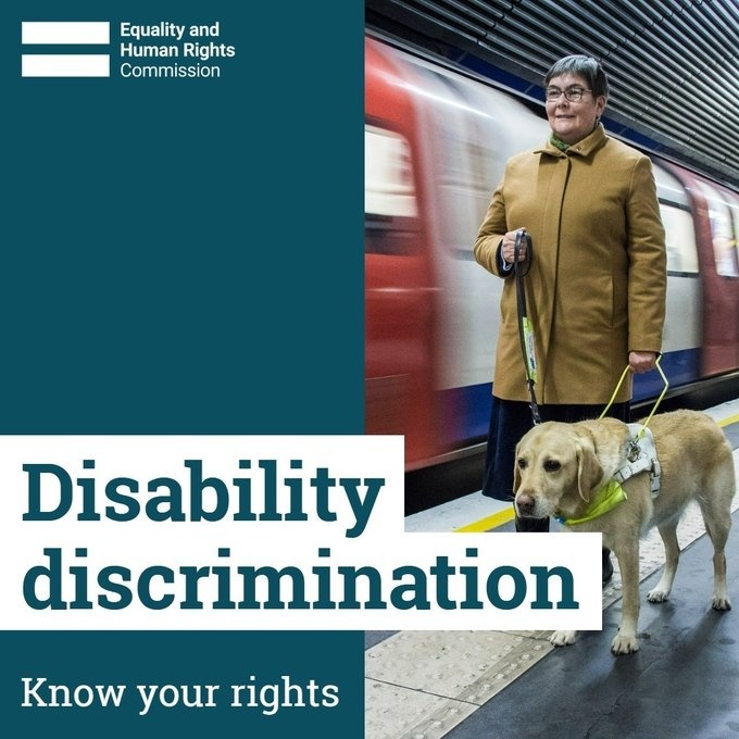 EHRC's tweet photo. Know your rights this #DisabilityHistoryMonth. 

Disability discrimination is when you are treated less well or put at a disadvantage for a reason that relates to your disability in one of the situations covered by the Equality Act.  

Read more: https://t.co/ClQyfFSYta https://t.co/OWPRXCbVGK