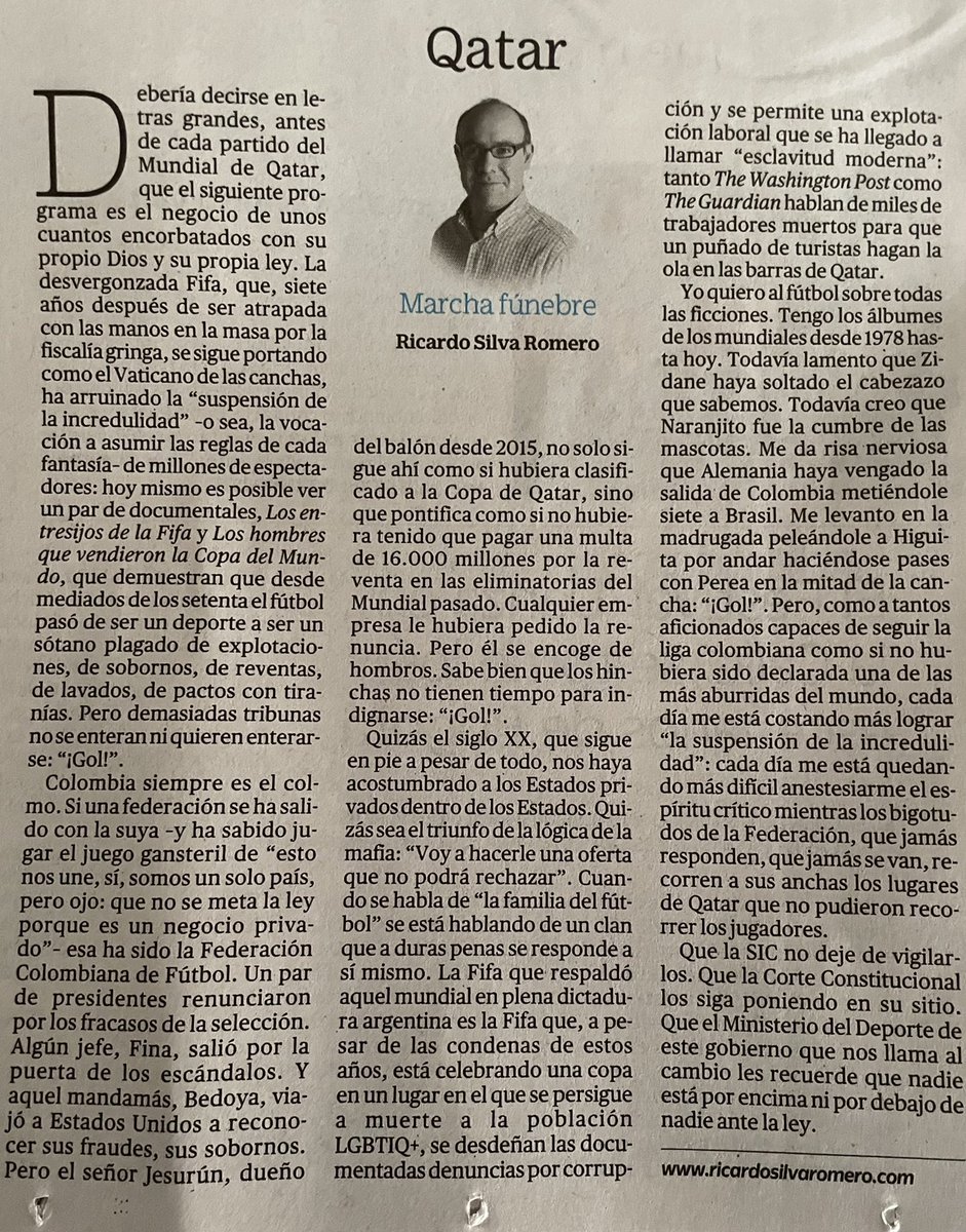 RSilvaRomero's tweet photo. Mi columna de esta semana, Qatar, en su versión en papel: cuesta suspender la incredulidad en este mundial rodeado de oscuridades. https://t.co/n9omrHp80C