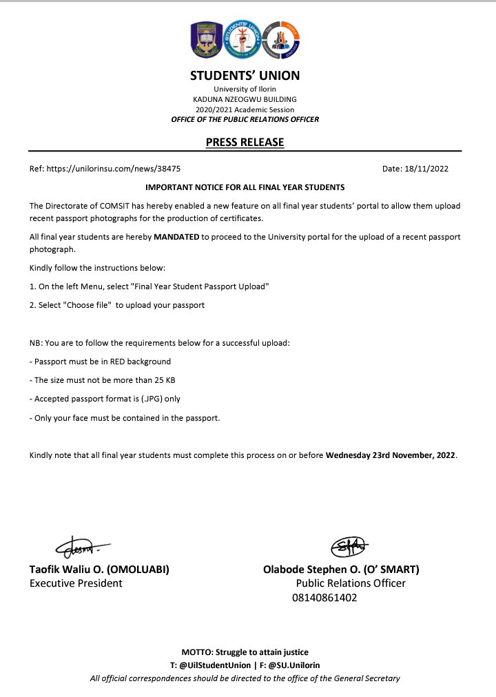 UilStudentUnion's tweet photo. PRESS RELEASE

18/11/2022
12:01PM

IMPORTANT NOTICE FOR ALL FINAL YEAR STUDENTS

https://t.co/gq4l9ikOg9
 
Struggle to attain justice...
#PeopleFocused https://t.co/QnoUBl1Kwd
