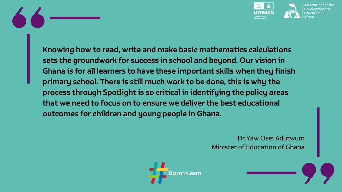 GEMReport's tweet photo. “Knowing how to read, write and make basic mathematics calculations sets the groundwork for success in school and beyond. Our vision in Ghana is for all learners to have these important skills when they finish primary school” @yoadutwum Minister of Education of Ghana #BorntoLearn https://t.co/JGHPjHcpJl