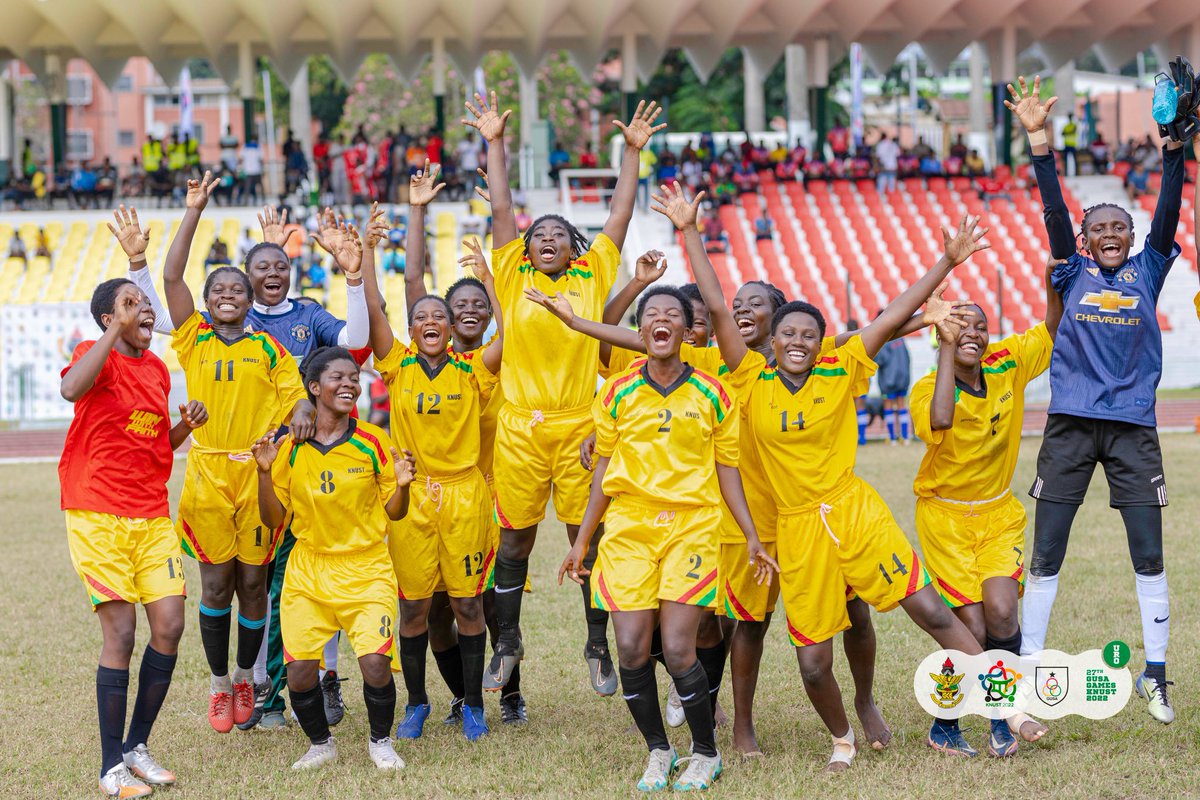 KNUST_Live's tweet photo. FOOTBALL (Women's final) – End of the match;

KNUST: 1
UDS: 0

KNUST triumph over the ‘Northern lioness’ to win the gold medal🎉.

#KNUSTLive | #GUSAKNUST2022 https://t.co/syM4nKMBW0