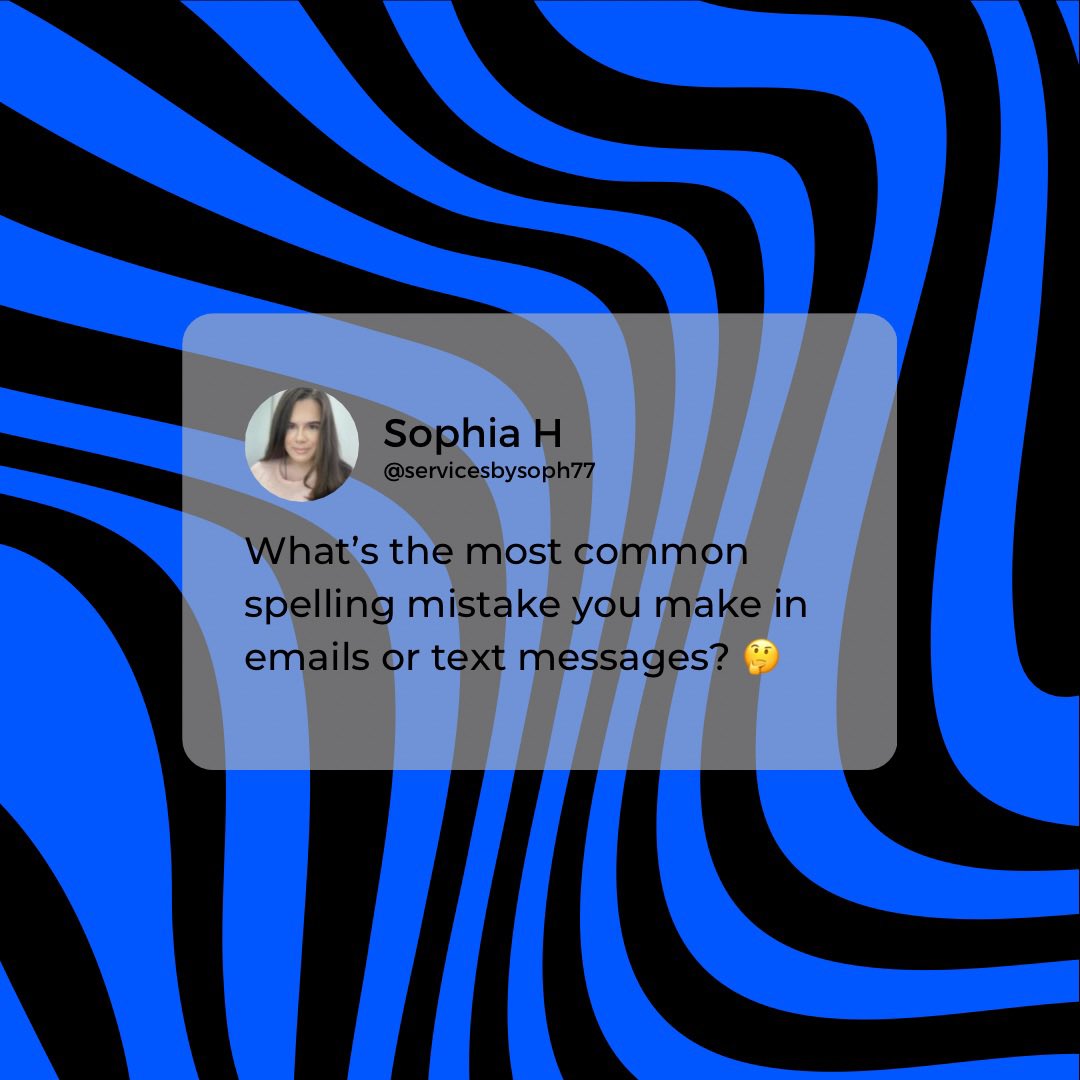 services_soph77's tweet photo. Here’s a question for you:

What’s the most common spelling mistake you’ve made in an email or text message?

#answer #QuestionTime #TrendingNow #new #essex #service #order #comment #spelling #spellingbee #mistakes #proof #proofreading #proofreader #America #american #help https://t.co/x8P5MxTXDv