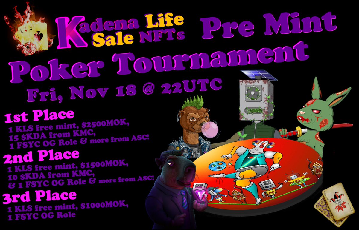 POKER TONIGHT w/our friends at
<a href="/KDAMiningClub/">Kadena Mining Club</a>
<a href="/AlphaSlayersNFT/">Alpha Slayers Club</a>
<a href="/MinersOfKadenia/">The Miners of Kadenia</a>
<a href="/FullSpendYC/">FSYC 's old account- we are now @FullSpendMining</a>
to🥳our Mint on Nov27!

🏆
$25kda, $5000mok, KLS Free Mint, FSYC OG Roles &amp; more!

We pushed the mint to Nov27 to get some sleep🤡

🗓️Nov18@22UTC(17ET)
Register👇
pokernow.club/mtt/klsandfren…