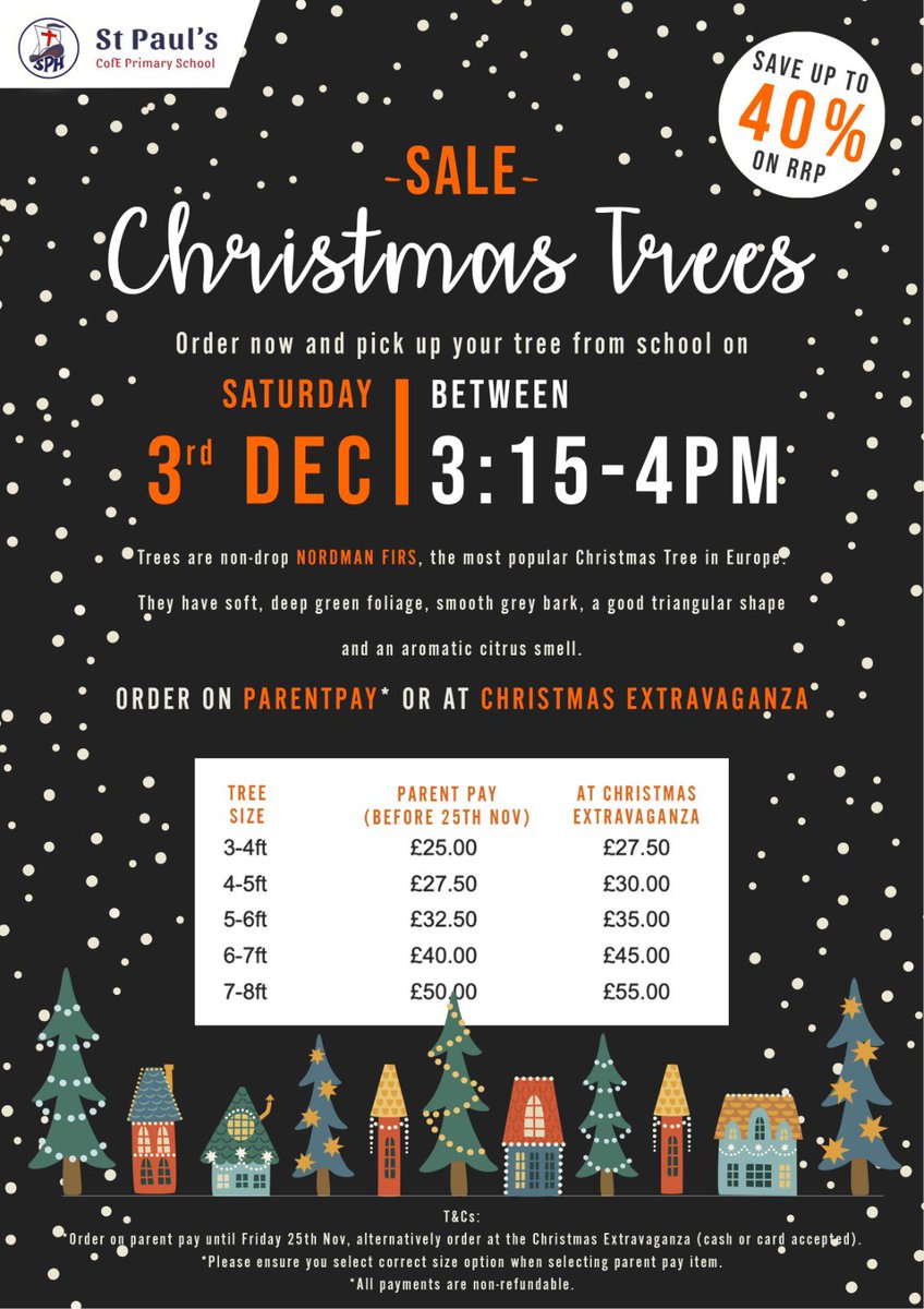 🎄PSA Christmas Trees!🎄Order your tree and raise money for our school at the same time! Place your order by Saturday 26th November through Parent Pay. Collection from school on Saturday 3rd December. Lower prices for early orders! See the flyer for more details.