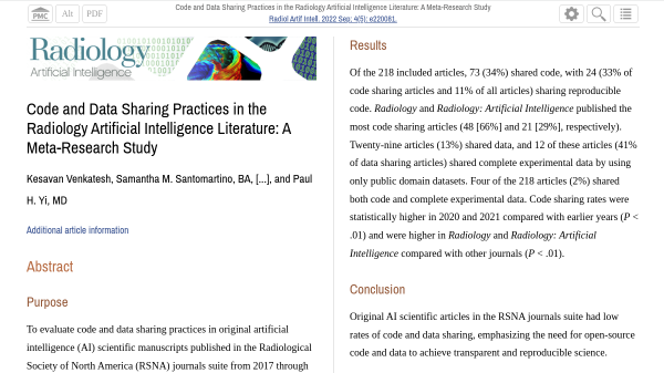 Radiology_AI's tweet photo. Check out today's #FreeFriday @Radiology_AI article from #PubMedCentral!

Code and Data Sharing Practices in the Radiology Artificial Intelligence Literature: A Meta-Research Study

 https://t.co/GCILQEUHKD #AI #DeepLearning #ArtificialIntelligence #FSS22 @realAAAI https://t.co/3zE2d0MH1o