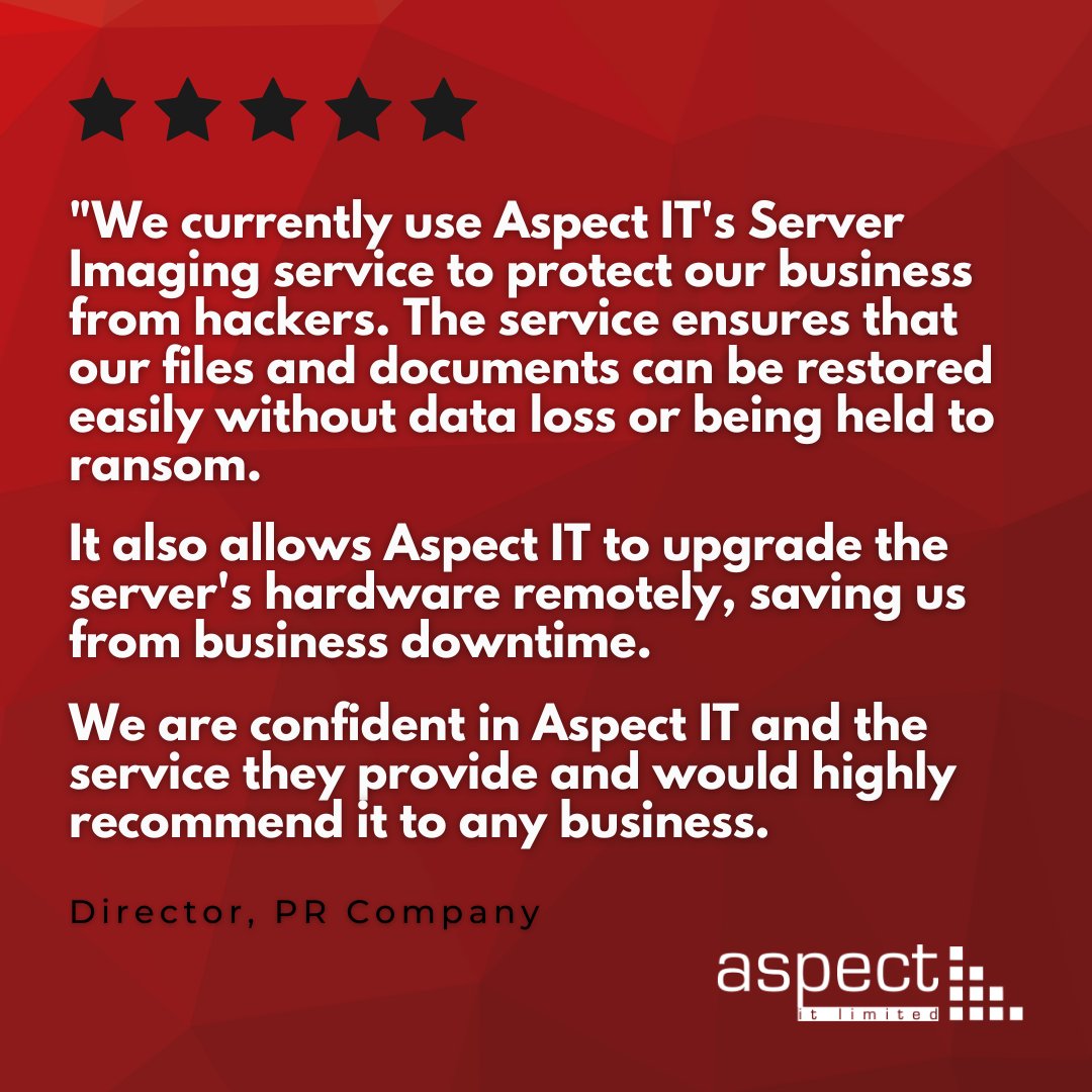 AspectIT's tweet image. #Serverimaging is a cost-effective way of protecting your files and systems from:

👾 Potential #cyberattacks
🖥 Tech outages
🙅‍♂️ Human errors
...and gives you peace of mind 😌

Get in touch for more information and a free quote...

📞 0161 241 9050
📧 info@aspectit.co.uk