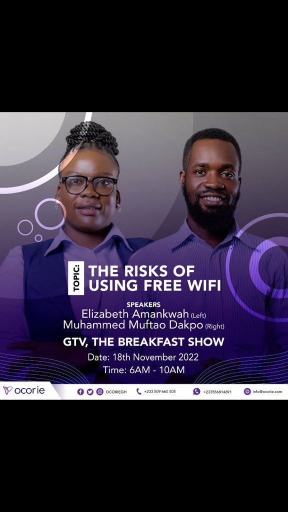 ocoriegh's tweet photo. Earlier this monrning, our team was on the @thegbcghana #GtvBreakfast show to discuss the nuances of free WiFi usage. #CyberSecurity #CyberPreachers #WorldCup https://t.co/1GHIDjUEZg