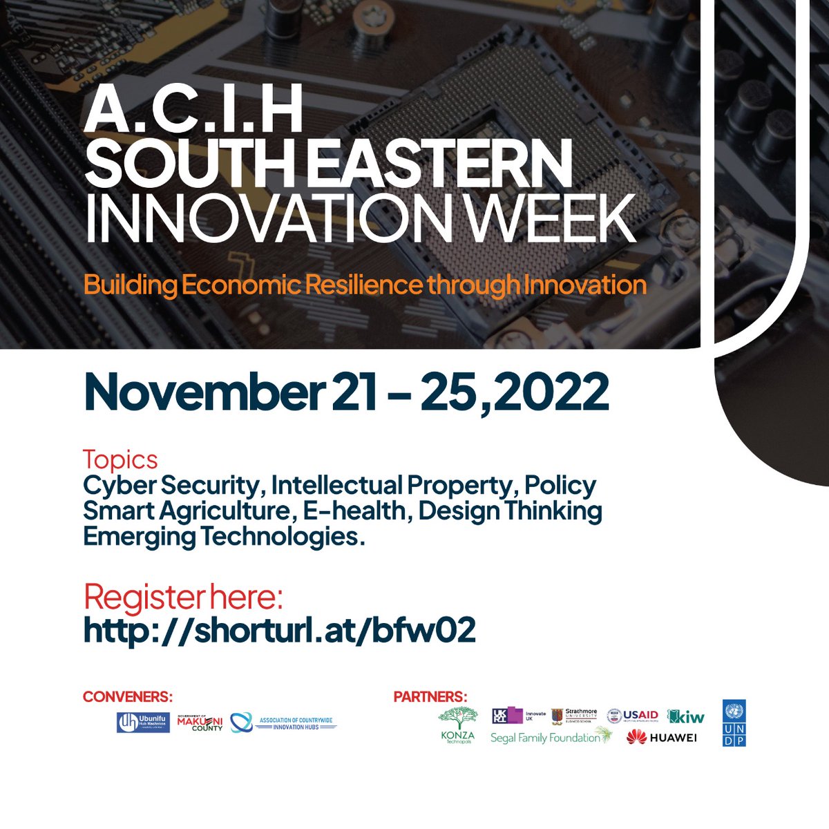 We are glad to announce that the  <a href="/acih_s_eastern/">ACIH.S.Eastern</a>  Innovation Week convened by <a href="/ubunifumachakos/">Ubunifu Hub Machakos</a>  and <a href="/MakueniHub/">Makueni Tech and Innovation Hub</a>  under <a href="/CountrywideHubs/">Association of Countrywide Innovation Hubs</a>  starts on Monday 21st 2022. Register here👉shorturl.at/bfw02 to participate in any of the events through out the week.