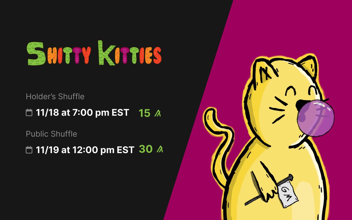 ShittyKitties_'s tweet photo. Today is the Holder's Shuffle for the #ThirdLitter of #ShittyKitties! π»
The shuffle starts at 7:00 pm EST and each kitty costs 15 $algo!
I will post links to the shuffle here and in Discord. See y'all tonight!
#AlgorandNFTs #Algorand #algofam https://t.co/afh6xnwTXp