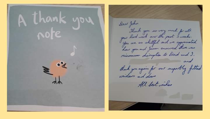 John and Jason have left a customer in West Kirby over the moon - this thankyou card is really appreciated👍 replacement of all the wooden windows in the house with new #rehau UPVC windows.
First class customer service and installation from Jason and John.
Contact us today.