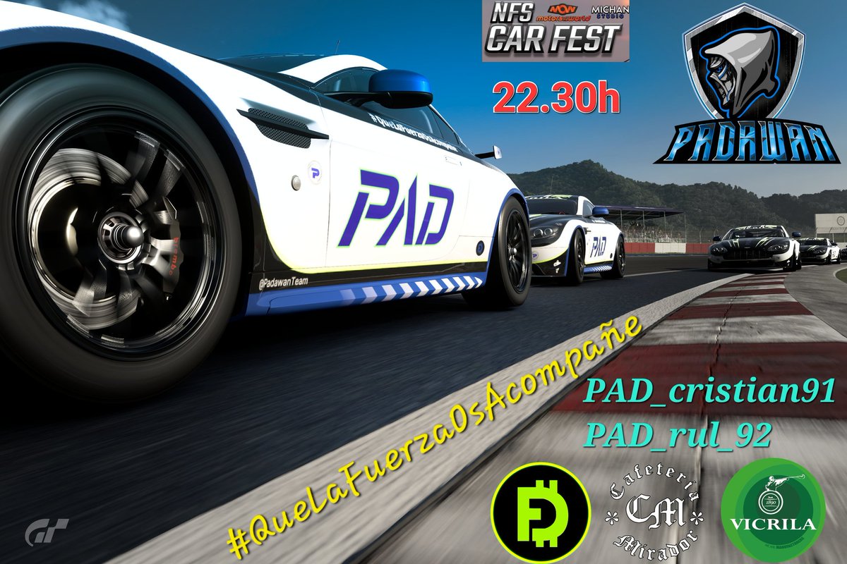 🏁 CARRERA 🏁 

Hoy toca la <a href="/NFSCARFEST/">NFS CAR FEST</a> esta vez es el Aston Martin en Kyoto Driving Park y salimos con: 

💙 PAD_cristian91
💙 PAD_rul_92 

2/2 a por otra chicos y esta vez con diseño..🙏

🖌️ <a href="/PAD_wossko/">Osskarte</a>

📽️  A las 22.30 en twitch.tv/fcfranchy?sr=a 

#QueLaFuerzaOsAcompañe
