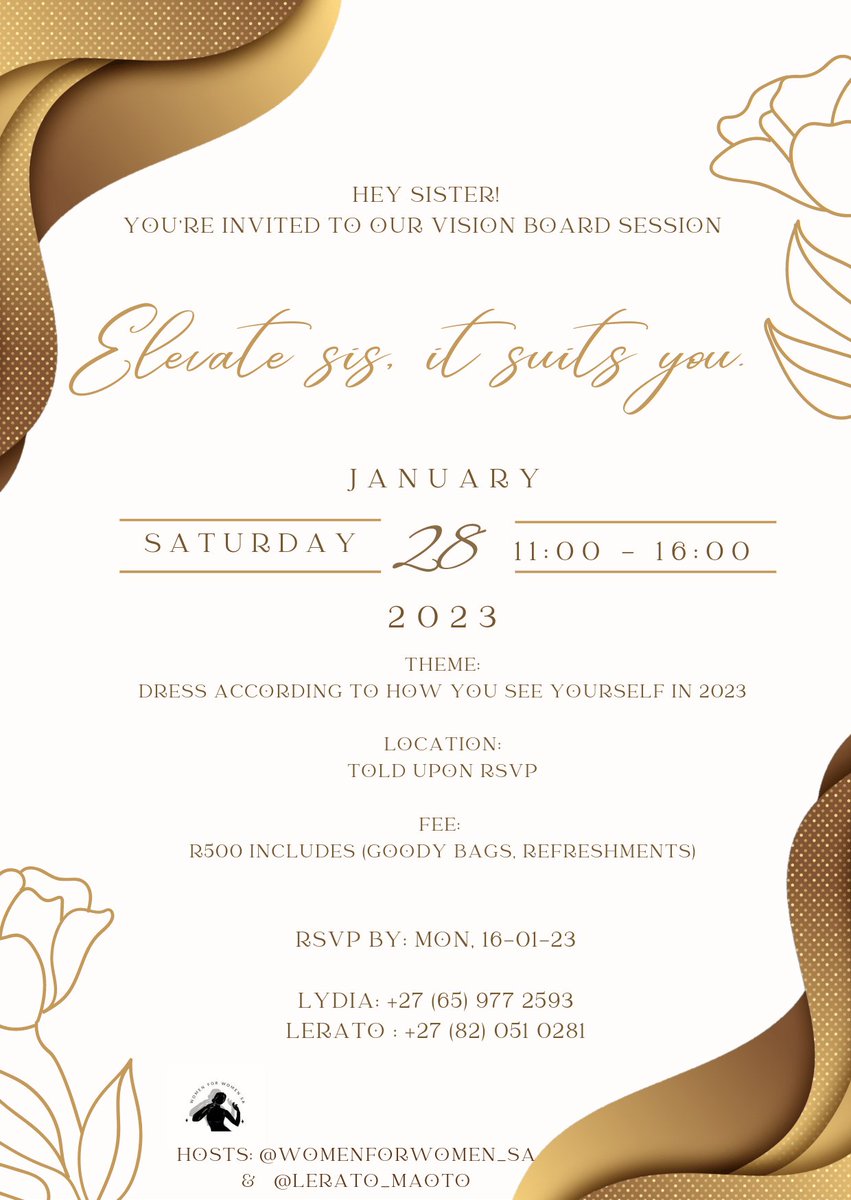 WomenForWomensa's tweet photo. Hey Ladies
We'd like to start 2023 with you! Come and manifest your goals with us.
See you there! 🤍🤗🥂
#womenempowerment
#WomenforWomen_sa
#elevatesis_itsuitsyou
#january2023
#powertoshe
#GirlTalkZA https://t.co/u2F347nayN