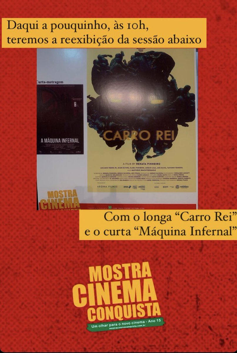 MostraConquista's tweet photo. Bom dia! 
Hoje é o último dia da Mostra e nossa programação começa com a reexibição da sessão com o longa “Carro Rei”. 
👁️🎥🎞️ https://t.co/KOiylaT85c
