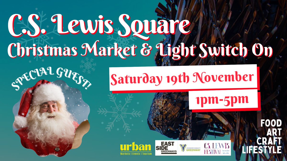 ConnsGreenway's tweet photo. Don't forget to join us tomorrow for Christmas at C.S. Lewis Square, we are hosting a Christmas Market and light switch-on as part of the #cslewisfest! 

Get ready for Christmas while supporting local businesses at this Narnia-themed market🎅 https://t.co/5FoGu3w0Tp