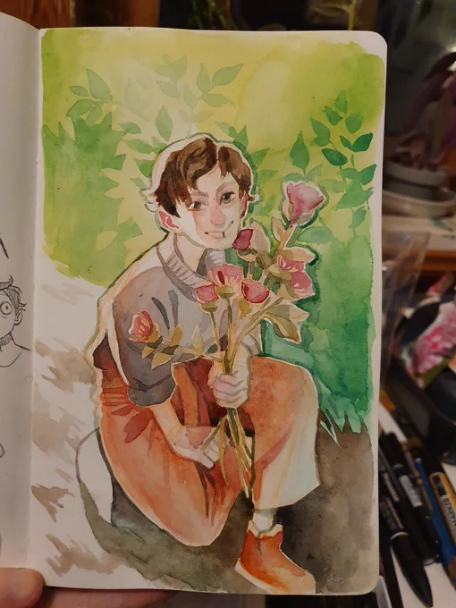 Tried out watercolors in my new sketchbook by doing a lil self portait! It didn't absorb them too well at all, very hard to get a good wet in wet HOWEVER it also didn't bleed through the page AT ALL. not even to just the backside, and i am generous with water 